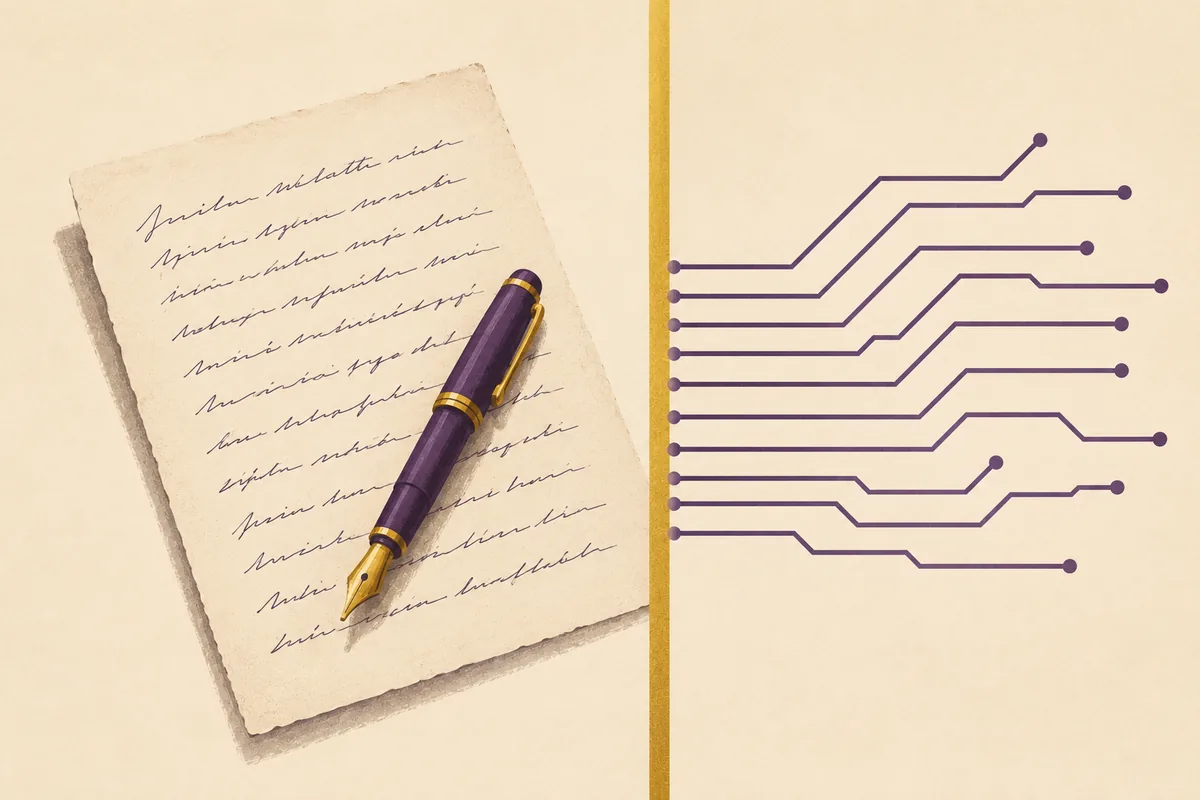 A handwritten page and fountain pen on one side of a firm gold line, circuit traces halted on the other.