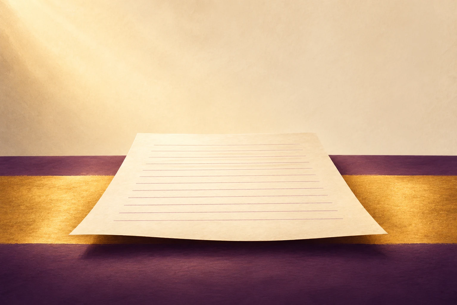 A single lined page resting on a plum surface, crossed by a band of gold light.