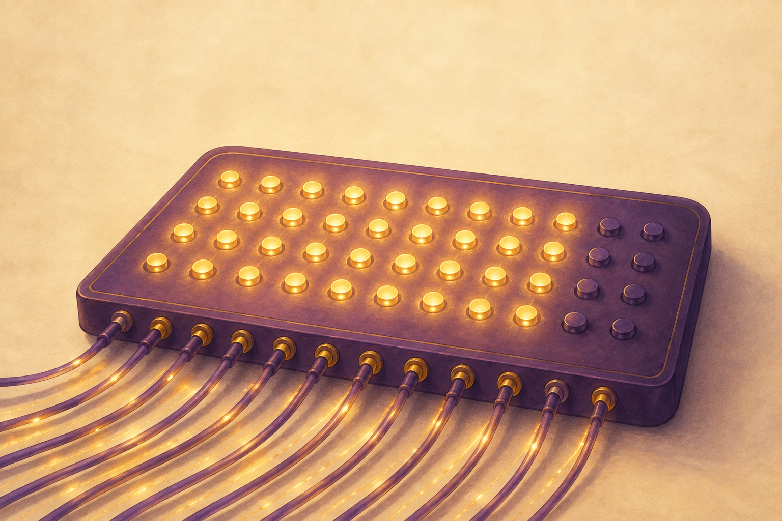 A plum switchboard panel with rows of small lamps newly lit in warm gold, fine cables carrying light away from the panel.