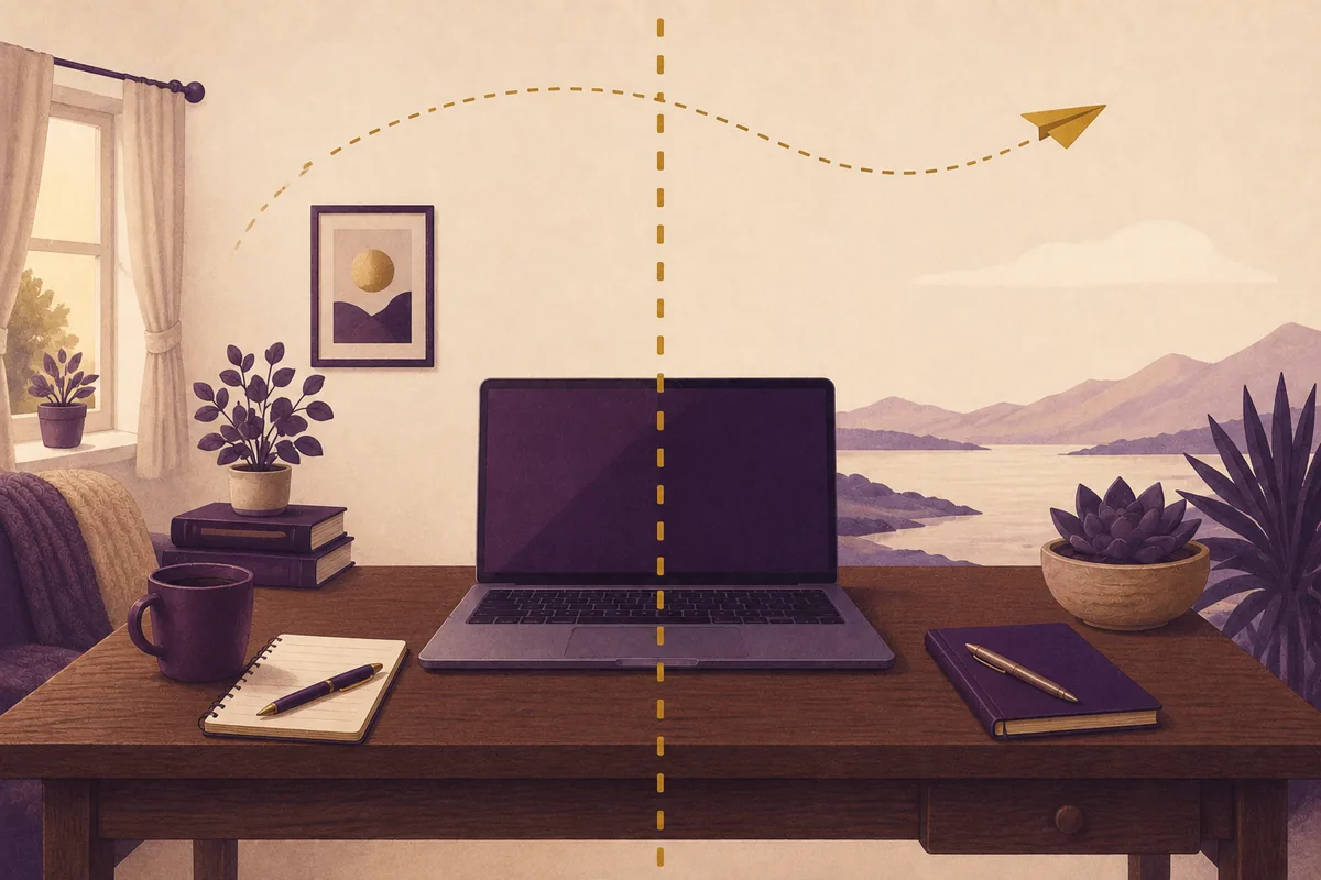 A desk and open laptop cut through by a dotted border line, a paper plane tracing a path overhead.