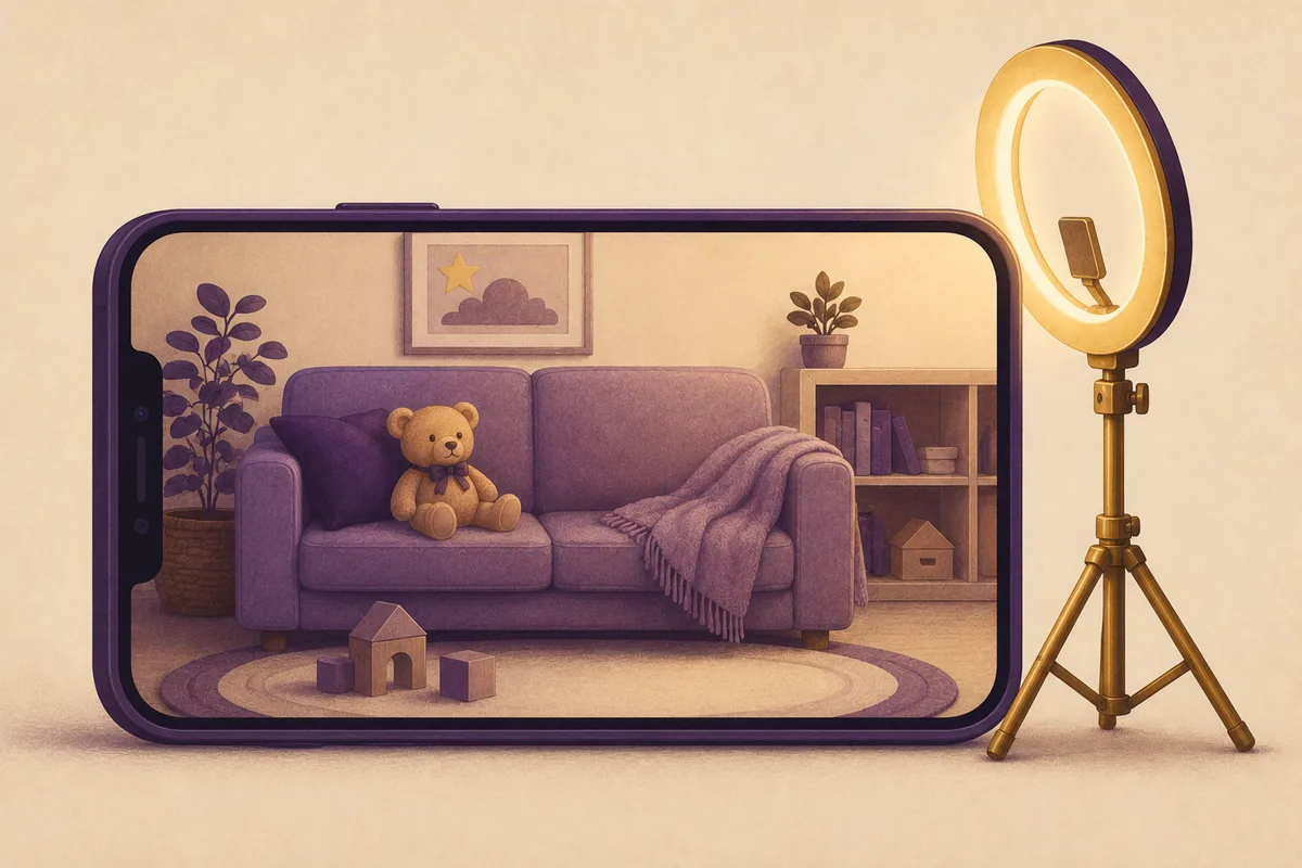 A living room sofa and teddy bear framed inside a phone screen, a ring light standing beside them.