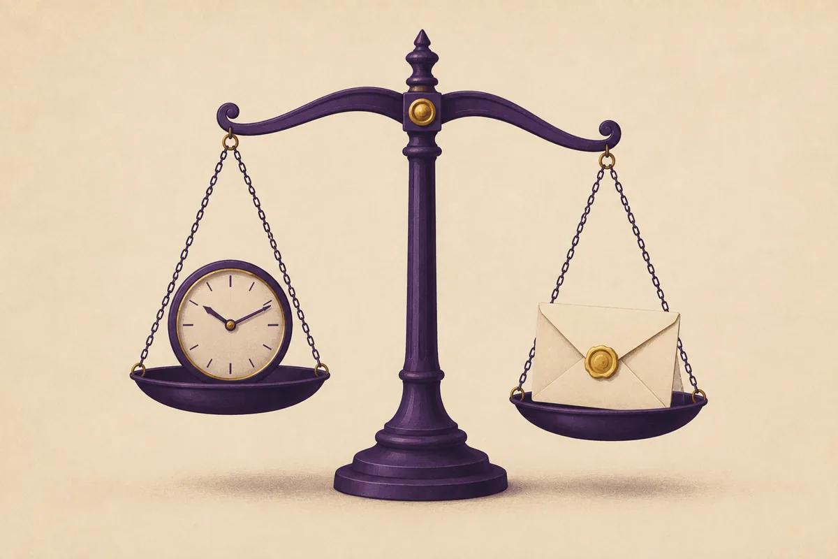 A balance scale weighing a clock face against a sealed letter, the pans not quite level.